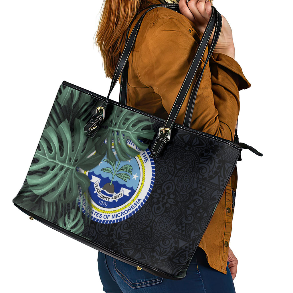 Federated States Of Micronesia Leather Tote Bag FSM Tropical Monstera Leaf Dark Tribal Pattern TS04 - Polynesian Pride