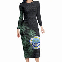 Federated States Of Micronesia Long Sleeve Bodycon Dress FSM Tropical Monstera Leaf Dark Tribal Pattern TS04 Long Dress Black Green - Polynesian Pride
