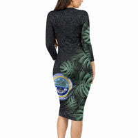 Federated States Of Micronesia Long Sleeve Bodycon Dress FSM Tropical Monstera Leaf Dark Tribal Pattern TS04 - Polynesian Pride