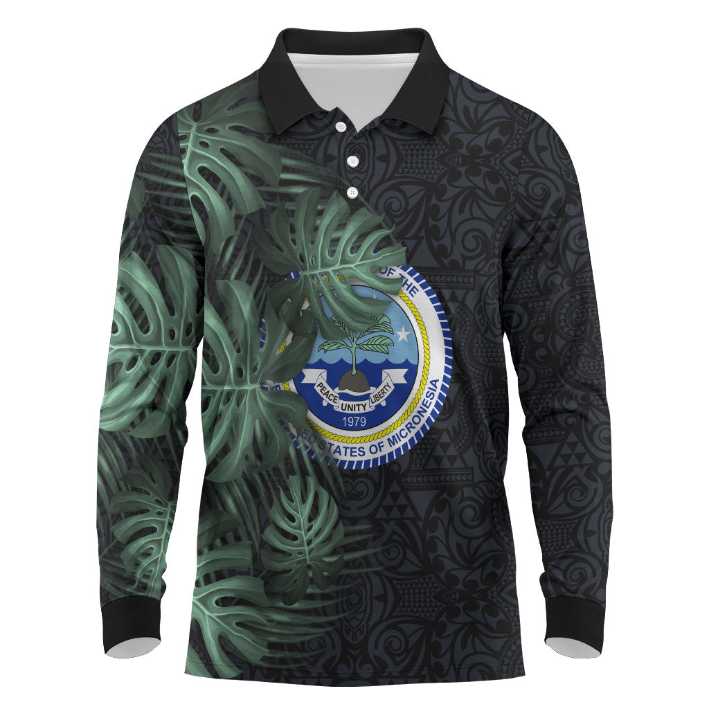 Federated States Of Micronesia Long Sleeve Polo Shirt FSM Tropical Monstera Leaf Dark Tribal Pattern TS04 Black Green - Polynesian Pride