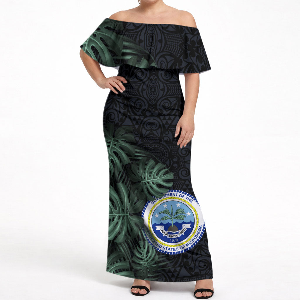 Federated States Of Micronesia Off Shoulder Maxi Dress FSM Tropical Monstera Leaf Dark Tribal Pattern TS04 Women Black Green - Polynesian Pride