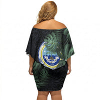 Federated States Of Micronesia Off Shoulder Short Dress FSM Tropical Monstera Leaf Dark Tribal Pattern TS04 - Polynesian Pride