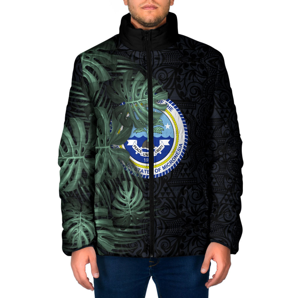Federated States Of Micronesia Padded Jacket FSM Tropical Monstera Leaf Dark Tribal Pattern TS04 Men Black Green - Polynesian Pride