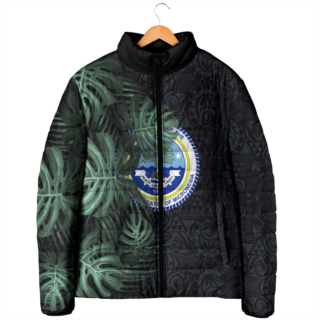 Federated States Of Micronesia Padded Jacket FSM Tropical Monstera Leaf Dark Tribal Pattern TS04 - Polynesian Pride