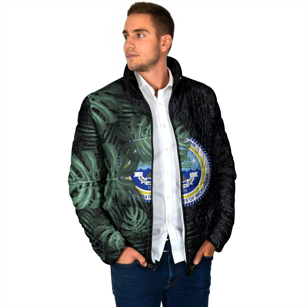 Federated States Of Micronesia Padded Jacket FSM Tropical Monstera Leaf Dark Tribal Pattern TS04 - Polynesian Pride