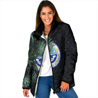 Federated States Of Micronesia Padded Jacket FSM Tropical Monstera Leaf Dark Tribal Pattern TS04 Women Black Green - Polynesian Pride