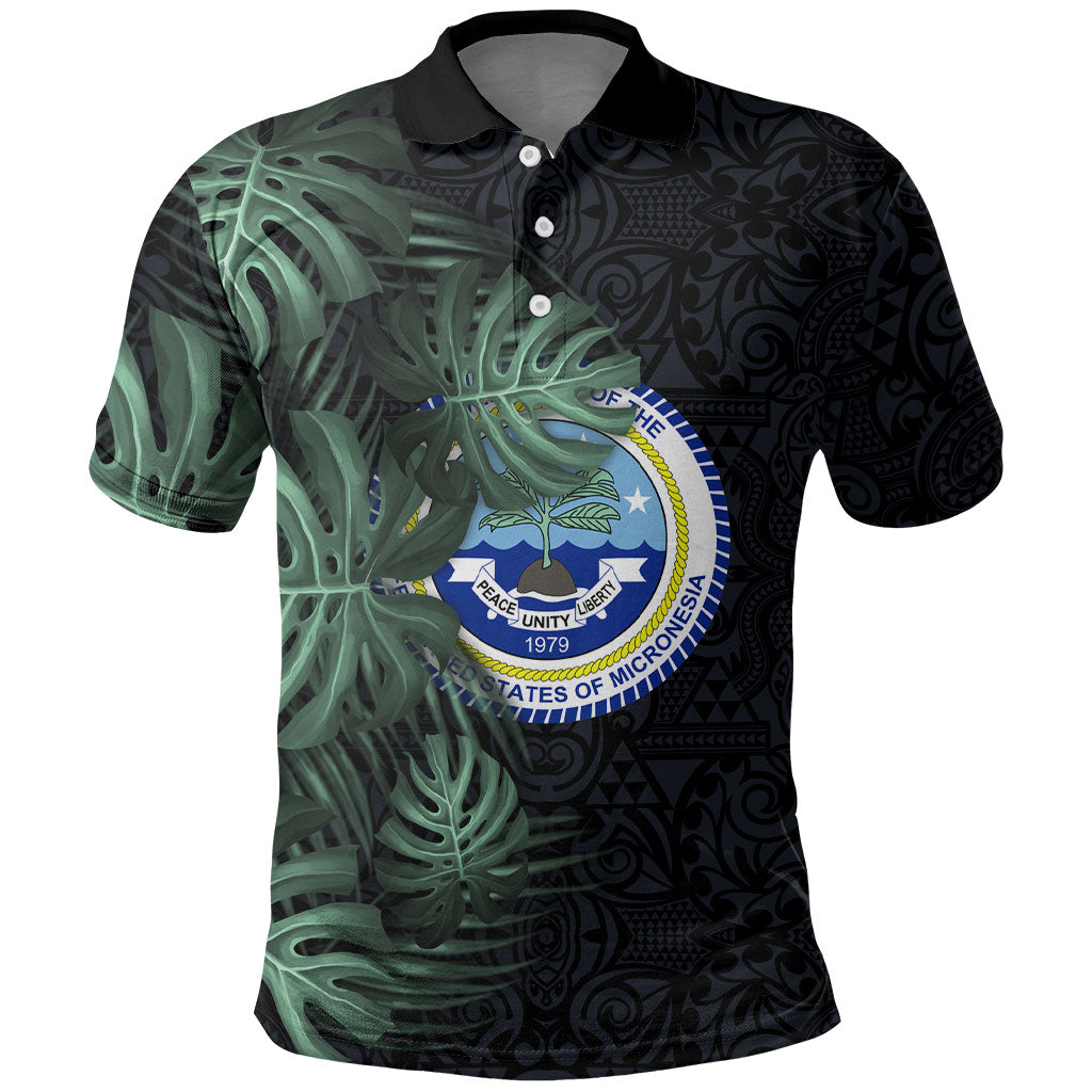 Federated States Of Micronesia Polo Shirt FSM Tropical Monstera Leaf Dark Tribal Pattern TS04 Black Green - Polynesian Pride
