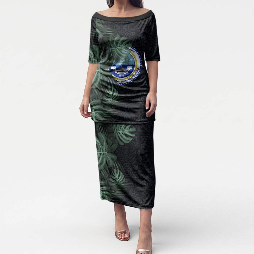 Federated States Of Micronesia Puletasi FSM Tropical Monstera Leaf Dark Tribal Pattern TS04 Long Dress Black Green - Polynesian Pride