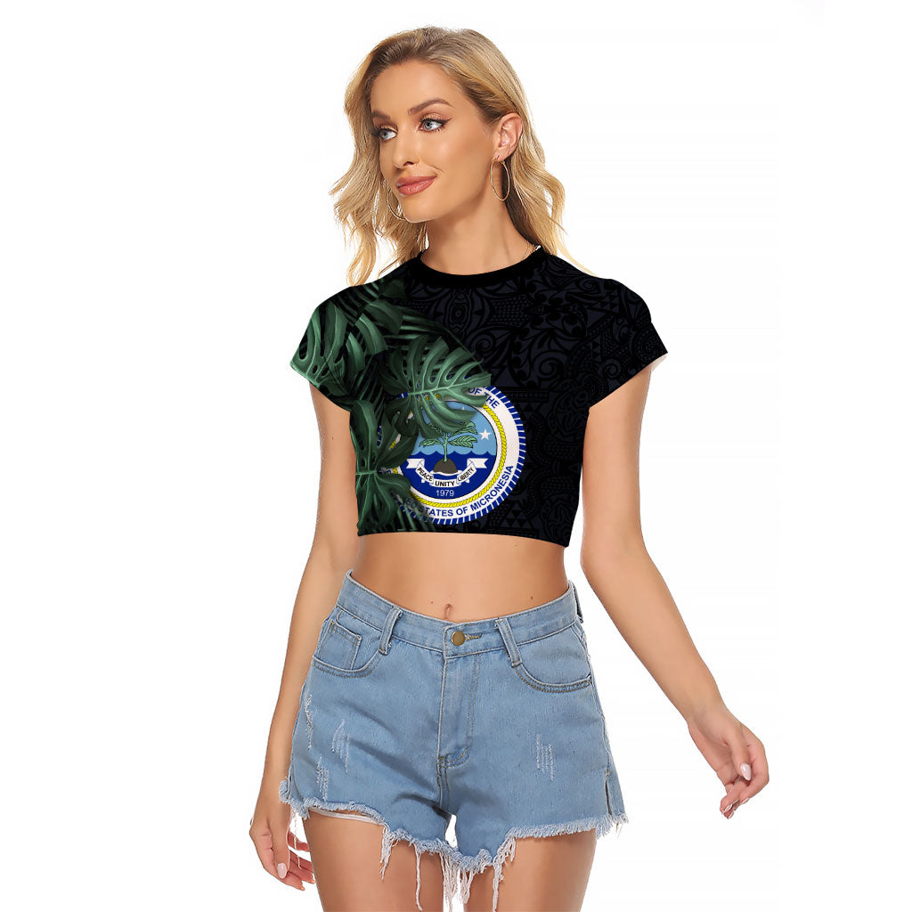 Federated States Of Micronesia Raglan Cropped T Shirt FSM Tropical Monstera Leaf Dark Tribal Pattern TS04 Female Black Green - Polynesian Pride