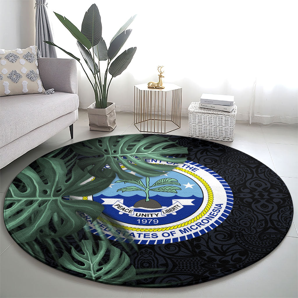 Federated States Of Micronesia Round Carpet FSM Tropical Monstera Leaf Dark Tribal Pattern TS04 - Polynesian Pride