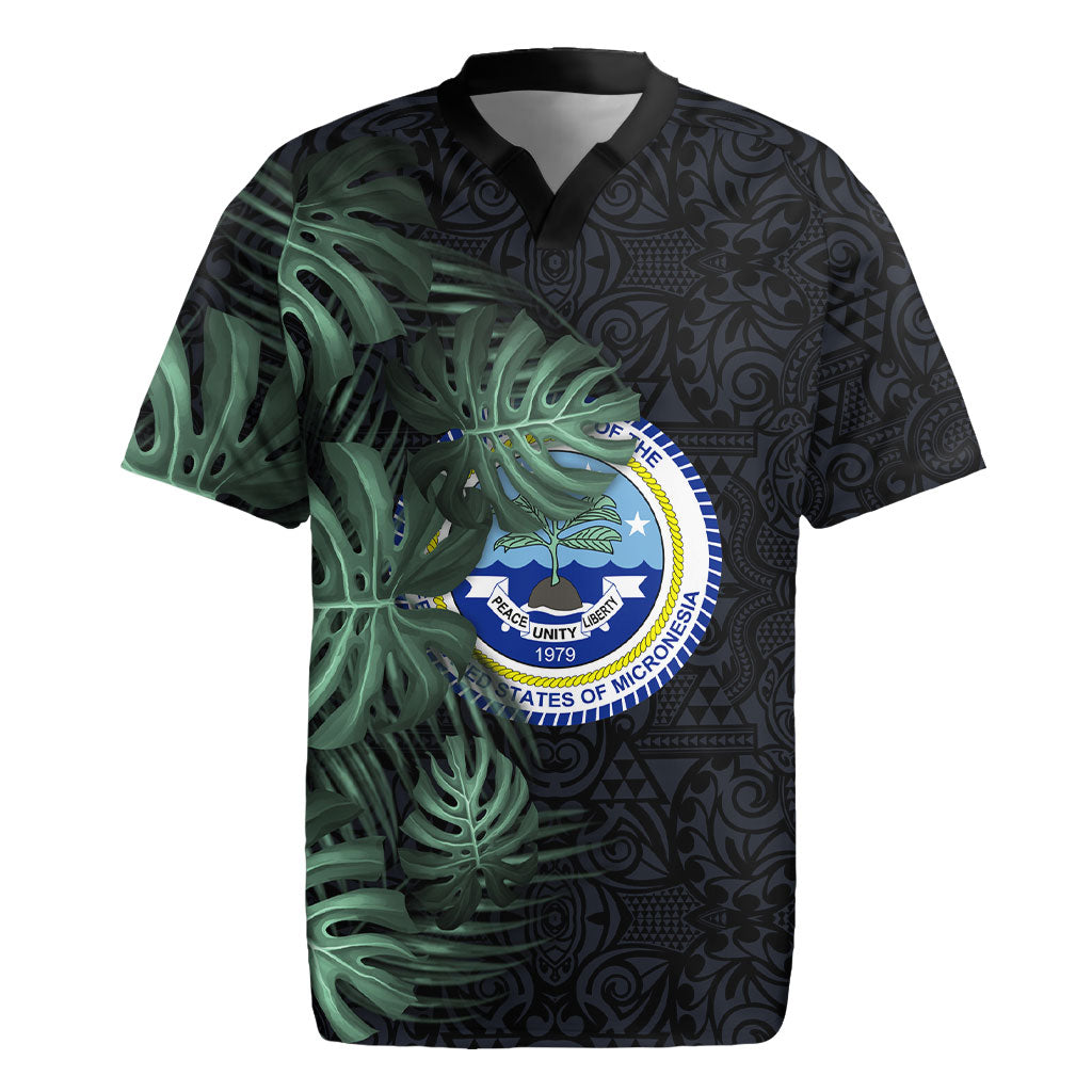 Federated States Of Micronesia Rugby Jersey FSM Tropical Monstera Leaf Dark Tribal Pattern TS04 Black Green - Polynesian Pride