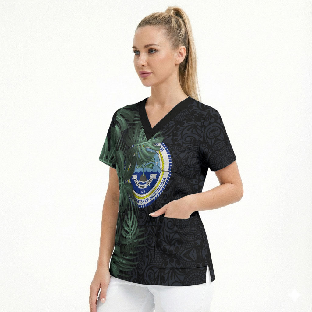 Federated States Of Micronesia Scrub Top FSM Tropical Monstera Leaf Dark Tribal Pattern TS04 - Polynesian Pride
