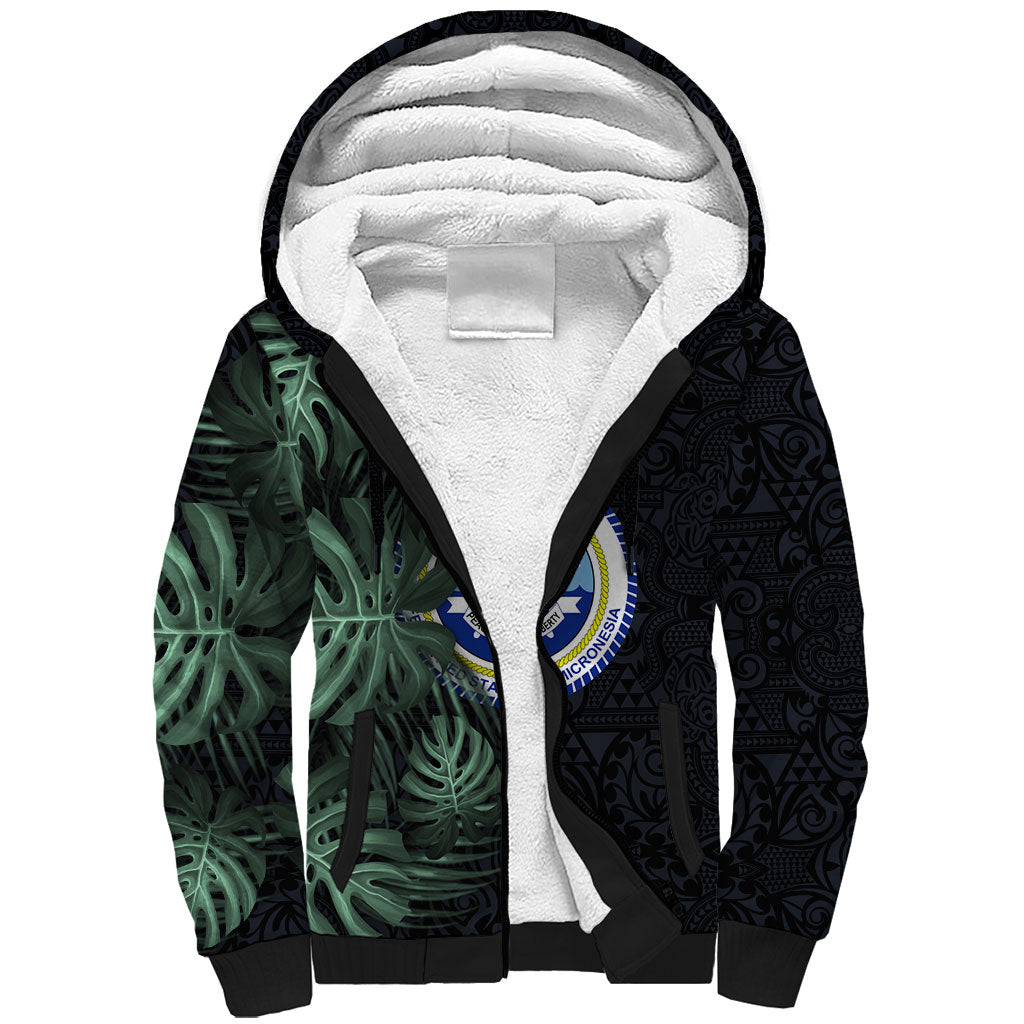 Federated States Of Micronesia Sherpa Hoodie FSM Tropical Monstera Leaf Dark Tribal Pattern TS04 Unisex Black Green - Polynesian Pride