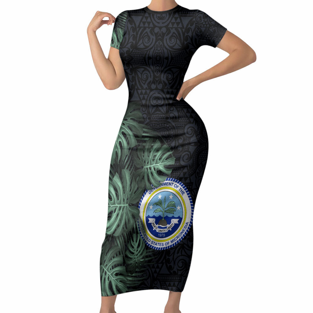 Federated States Of Micronesia Short Sleeve Bodycon Dress FSM Tropical Monstera Leaf Dark Tribal Pattern TS04 Long Dress Black Green - Polynesian Pride