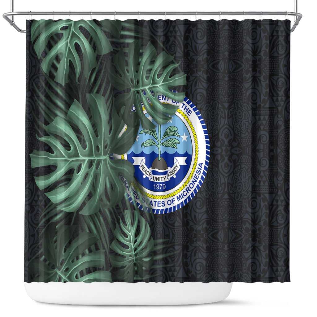 Federated States Of Micronesia Shower Curtain FSM Tropical Monstera Leaf Dark Tribal Pattern TS04 Black Green - Polynesian Pride
