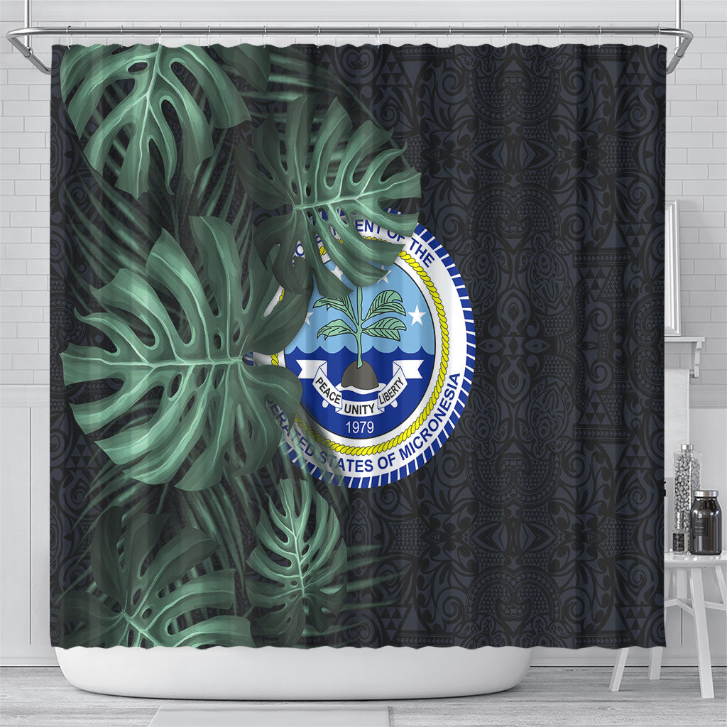 Federated States Of Micronesia Shower Curtain FSM Tropical Monstera Leaf Dark Tribal Pattern TS04 - Polynesian Pride
