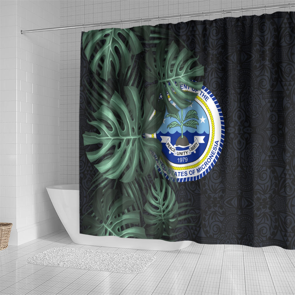 Federated States Of Micronesia Shower Curtain FSM Tropical Monstera Leaf Dark Tribal Pattern TS04 - Polynesian Pride