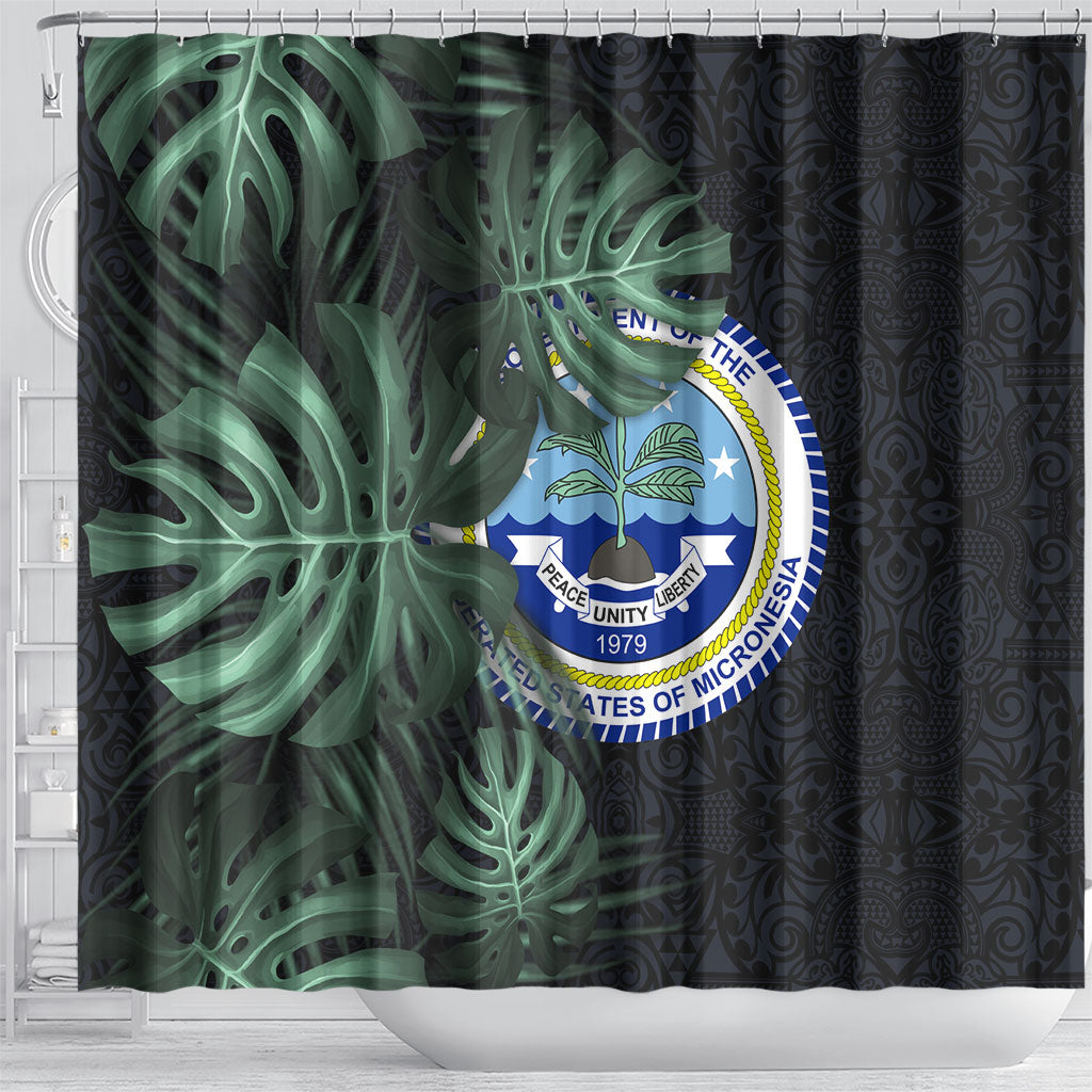 Federated States Of Micronesia Shower Curtain FSM Tropical Monstera Leaf Dark Tribal Pattern TS04 - Polynesian Pride