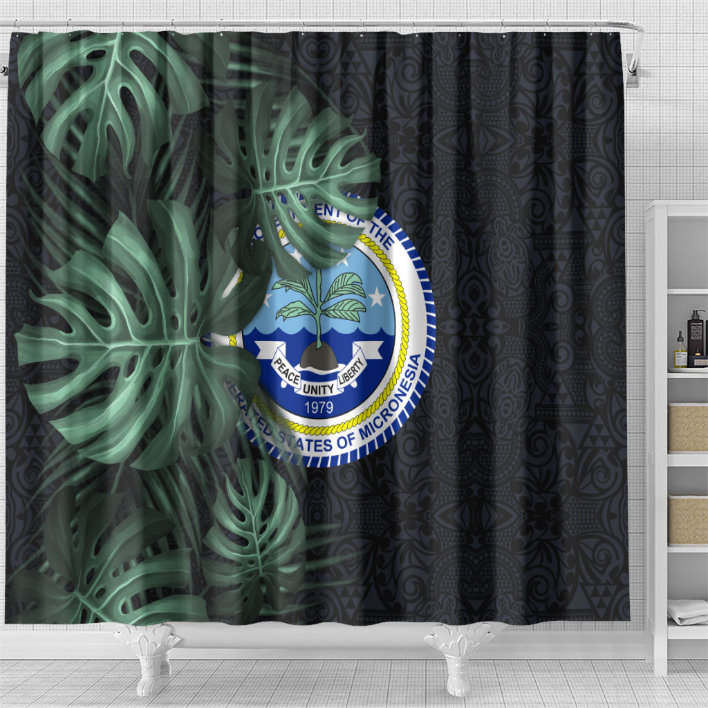 Federated States Of Micronesia Shower Curtain FSM Tropical Monstera Leaf Dark Tribal Pattern TS04 - Polynesian Pride