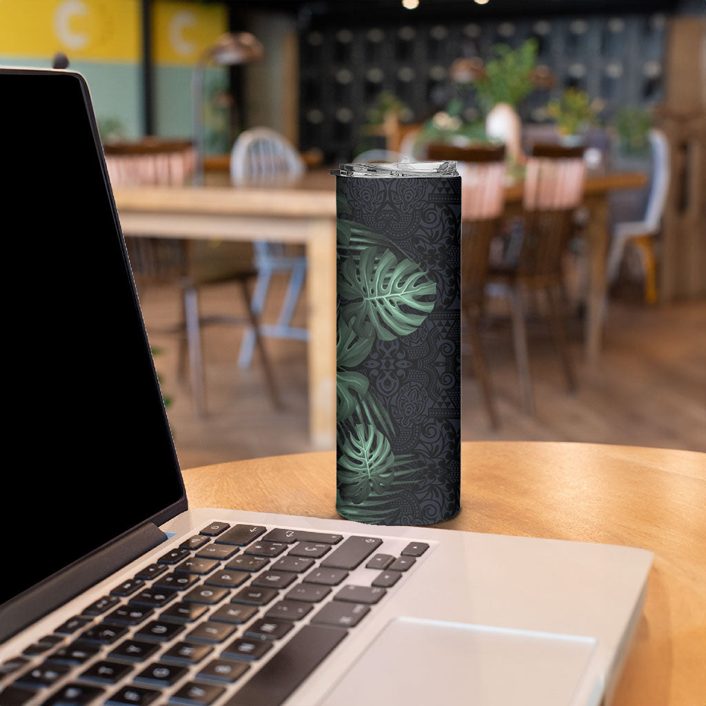 Federated States Of Micronesia Skinny Tumbler FSM Tropical Monstera Leaf Dark Tribal Pattern TS04 - Polynesian Pride