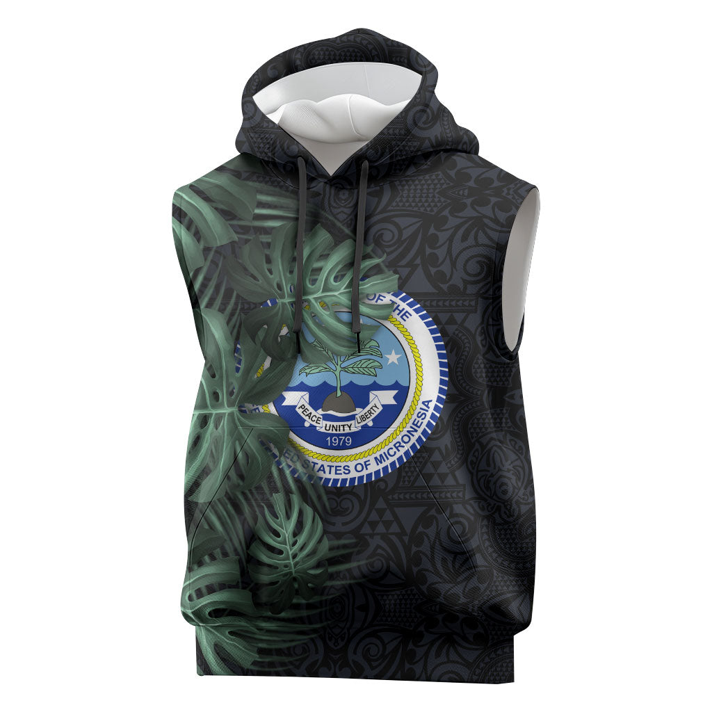 Federated States Of Micronesia Sleeveless Hoodie FSM Tropical Monstera Leaf Dark Tribal Pattern TS04 Black Green - Polynesian Pride