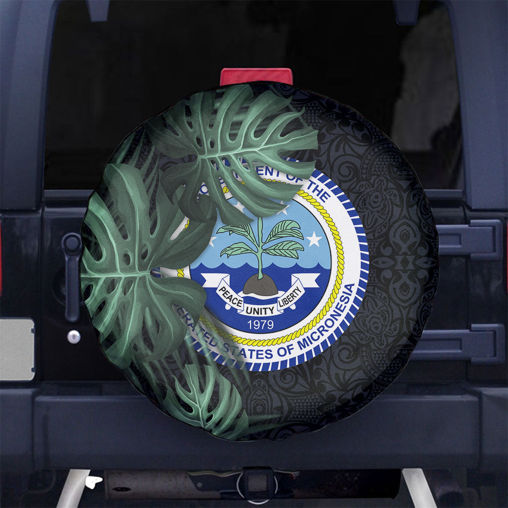 Federated States Of Micronesia Spare Tire Cover FSM Tropical Monstera Leaf Dark Tribal Pattern TS04 No hole Black Green - Polynesian Pride