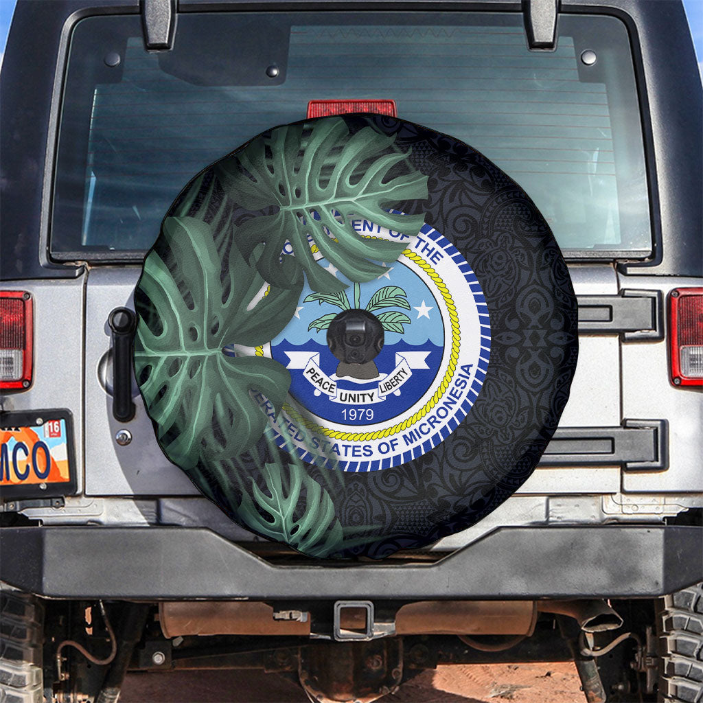 Federated States Of Micronesia Spare Tire Cover FSM Tropical Monstera Leaf Dark Tribal Pattern TS04 Black Green - Polynesian Pride
