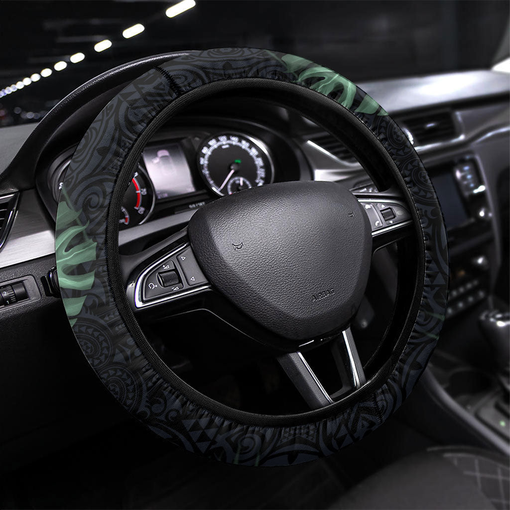Federated States Of Micronesia Steering Wheel Cover FSM Tropical Monstera Leaf Dark Tribal Pattern TS04 Universal Fit Black Green - Polynesian Pride
