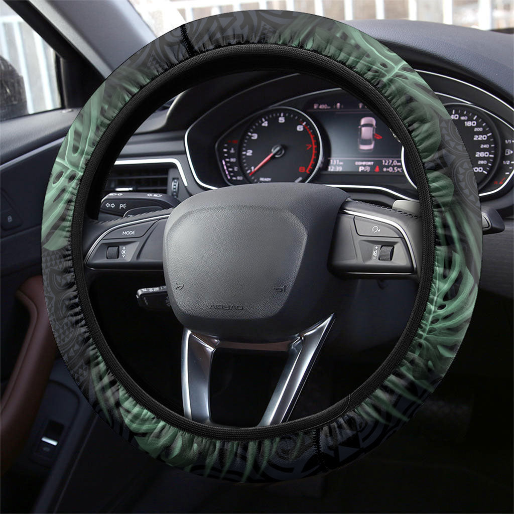 Federated States Of Micronesia Steering Wheel Cover FSM Tropical Monstera Leaf Dark Tribal Pattern TS04 - Polynesian Pride