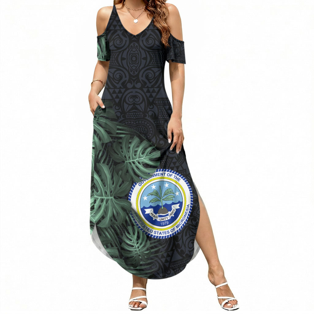 Federated States Of Micronesia Summer Maxi Dress FSM Tropical Monstera Leaf Dark Tribal Pattern TS04 Women Black Green - Polynesian Pride