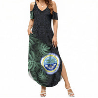 Federated States Of Micronesia Summer Maxi Dress FSM Tropical Monstera Leaf Dark Tribal Pattern TS04 Women Black Green - Polynesian Pride
