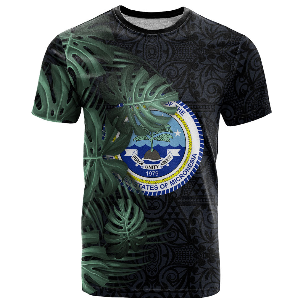 Federated States Of Micronesia T Shirt FSM Tropical Monstera Leaf Dark Tribal Pattern TS04 Black Green - Polynesian Pride