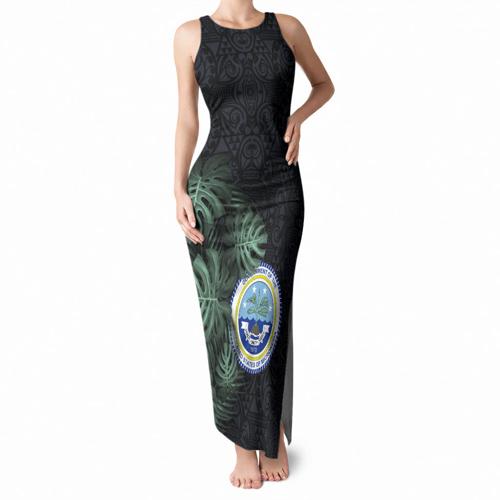 Federated States Of Micronesia Tank Maxi Dress FSM Tropical Monstera Leaf Dark Tribal Pattern TS04 Women Black Green - Polynesian Pride