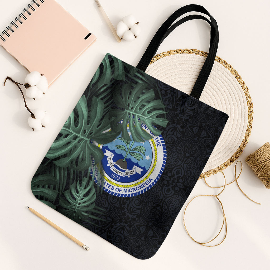 Federated States Of Micronesia Tote Bag FSM Tropical Monstera Leaf Dark Tribal Pattern TS04 Black Strap One Size Black Green - Polynesian Pride
