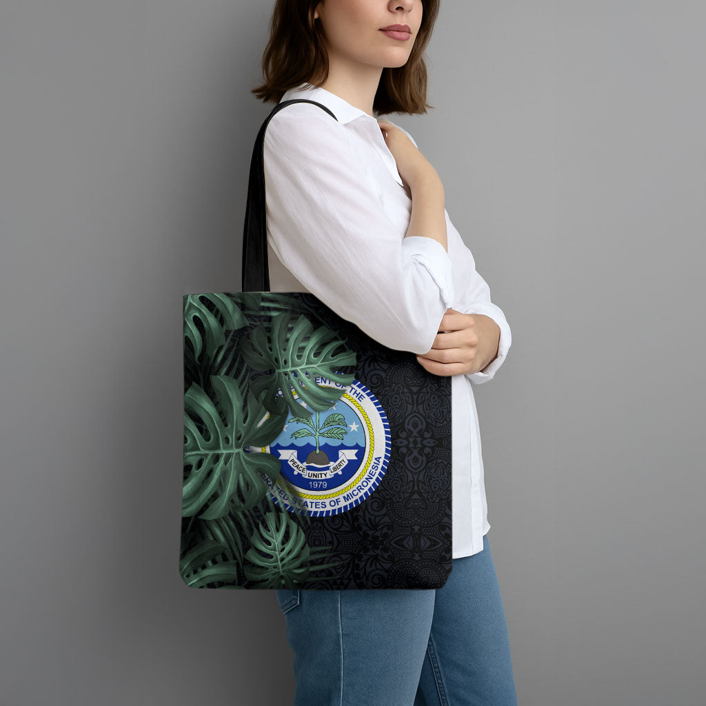 Federated States Of Micronesia Tote Bag FSM Tropical Monstera Leaf Dark Tribal Pattern TS04 - Polynesian Pride