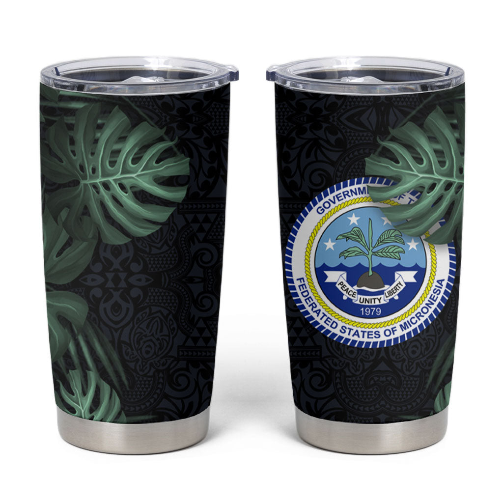 Federated States Of Micronesia Tumbler Cup FSM Tropical Monstera Leaf Dark Tribal Pattern TS04 Black Green - Polynesian Pride