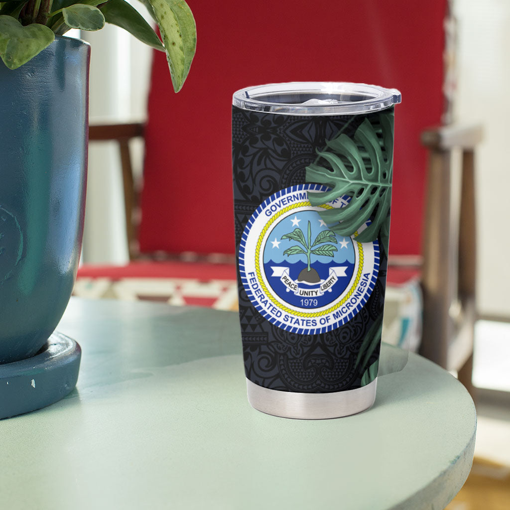 Federated States Of Micronesia Tumbler Cup FSM Tropical Monstera Leaf Dark Tribal Pattern TS04 - Polynesian Pride
