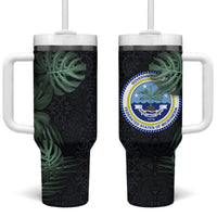 Federated States Of Micronesia Tumbler With Handle FSM Tropical Monstera Leaf Dark Tribal Pattern TS04 One Size: 40 oz Black Green - Polynesian Pride