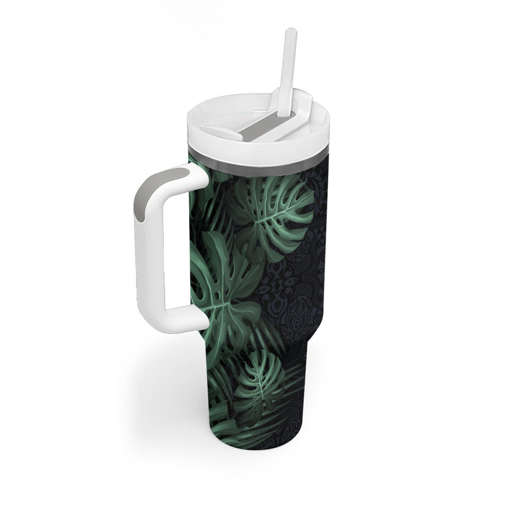 Federated States Of Micronesia Tumbler With Handle FSM Tropical Monstera Leaf Dark Tribal Pattern TS04 - Polynesian Pride