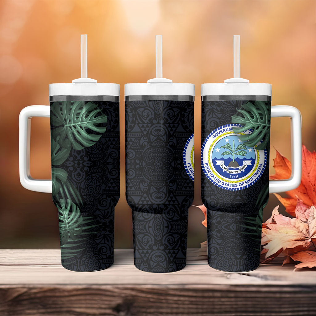 Federated States Of Micronesia Tumbler With Handle FSM Tropical Monstera Leaf Dark Tribal Pattern TS04 - Polynesian Pride