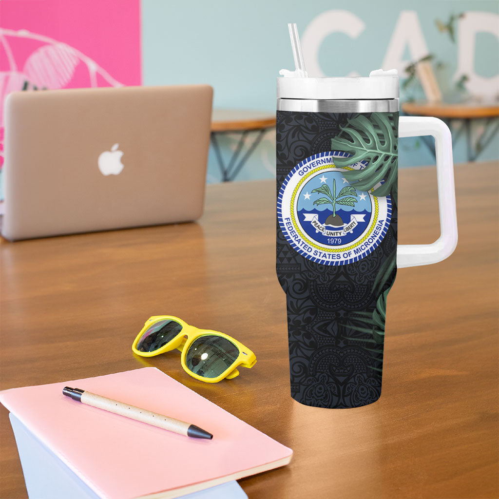 Federated States Of Micronesia Tumbler With Handle FSM Tropical Monstera Leaf Dark Tribal Pattern TS04 - Polynesian Pride