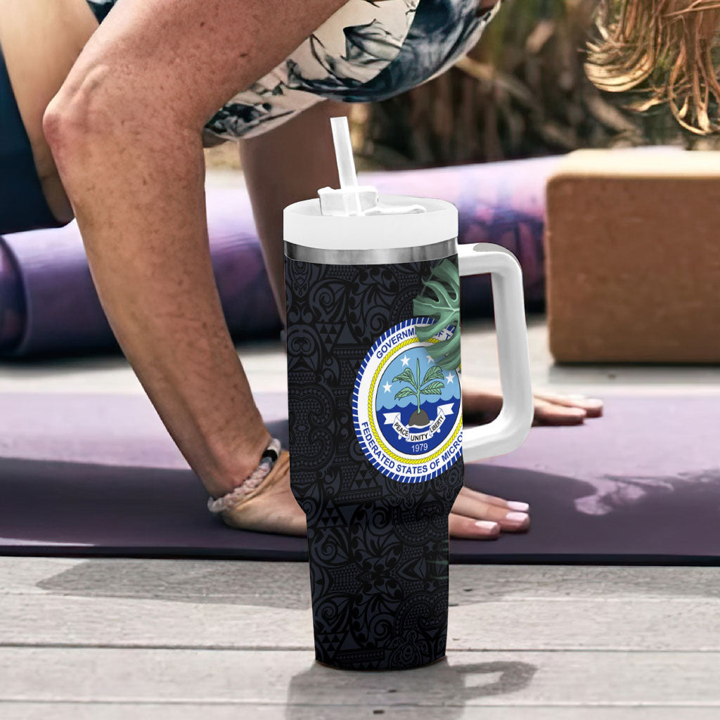 Federated States Of Micronesia Tumbler With Handle FSM Tropical Monstera Leaf Dark Tribal Pattern TS04 - Polynesian Pride