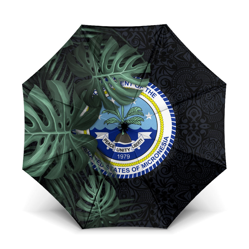 Federated States Of Micronesia Umbrella FSM Tropical Monstera Leaf Dark Tribal Pattern TS04 One Size Folded 11.42 inch Opened Diameter 37.4 inch Black Green - Polynesian Pride