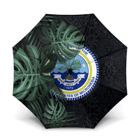Federated States Of Micronesia Umbrella FSM Tropical Monstera Leaf Dark Tribal Pattern TS04 One Size Folded 11.42 inch Opened Diameter 37.4 inch Black Green - Polynesian Pride