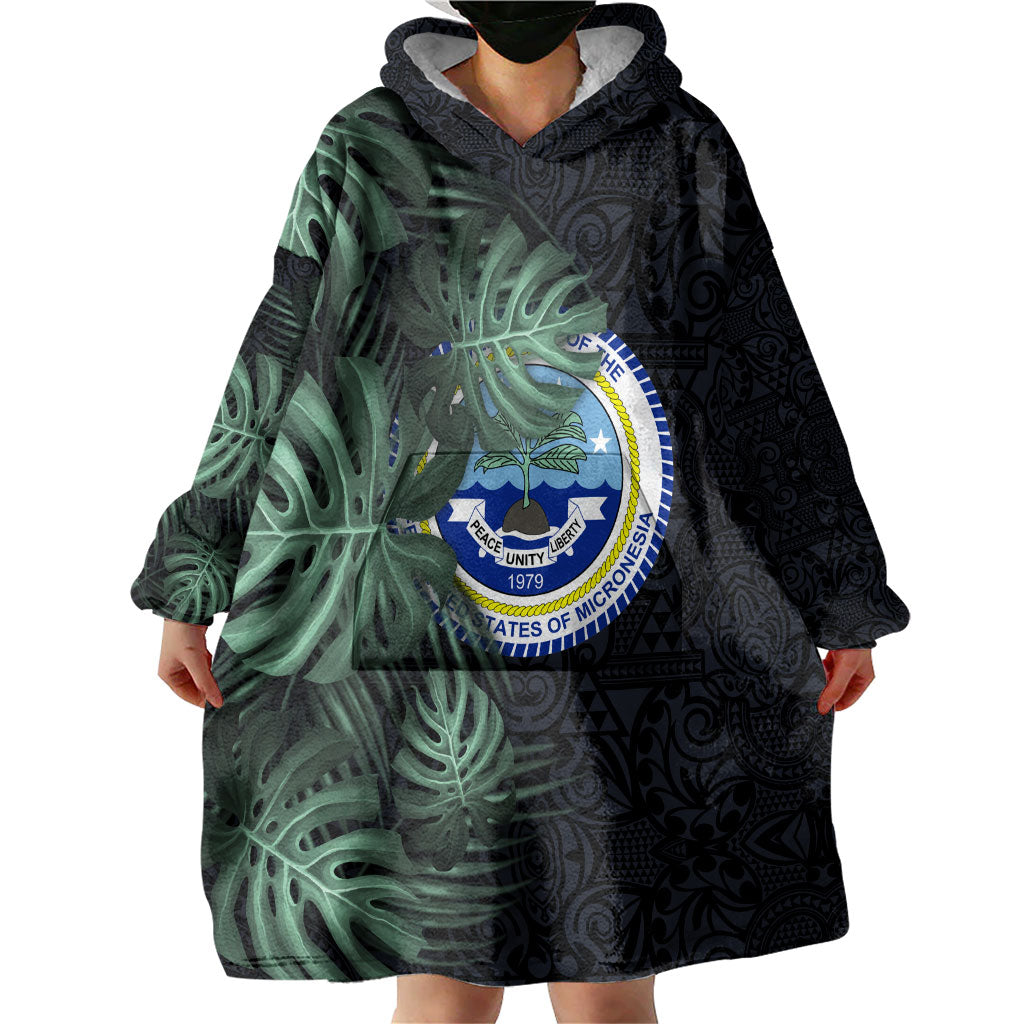 Federated States Of Micronesia Wearable Blanket Hoodie FSM Tropical Monstera Leaf Dark Tribal Pattern TS04 - Polynesian Pride