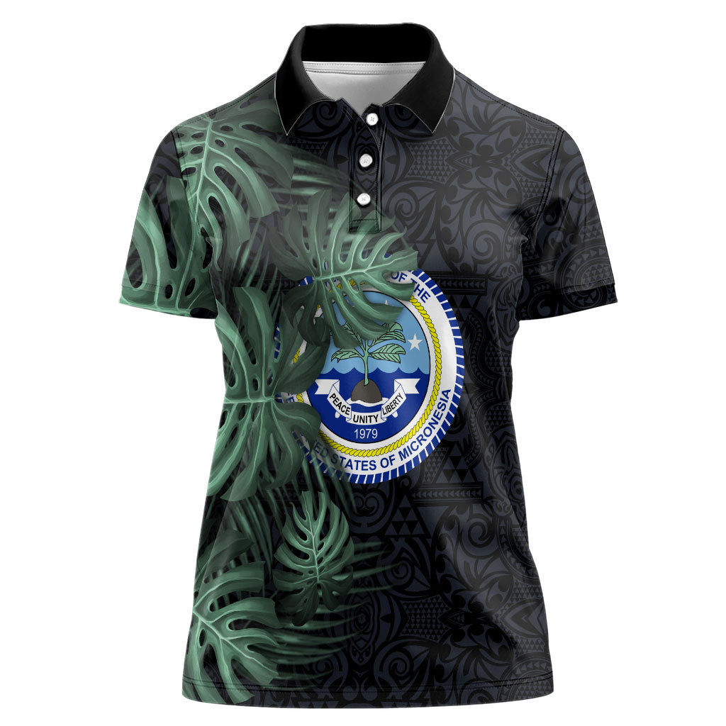 Federated States Of Micronesia Women Polo Shirt FSM Tropical Monstera Leaf Dark Tribal Pattern TS04 Female Black Green - Polynesian Pride
