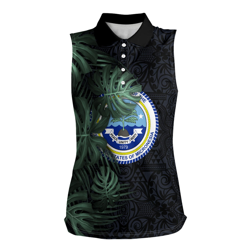 Federated States Of Micronesia Women Sleeveless Polo Shirt FSM Tropical Monstera Leaf Dark Tribal Pattern TS04 Female Black Green - Polynesian Pride