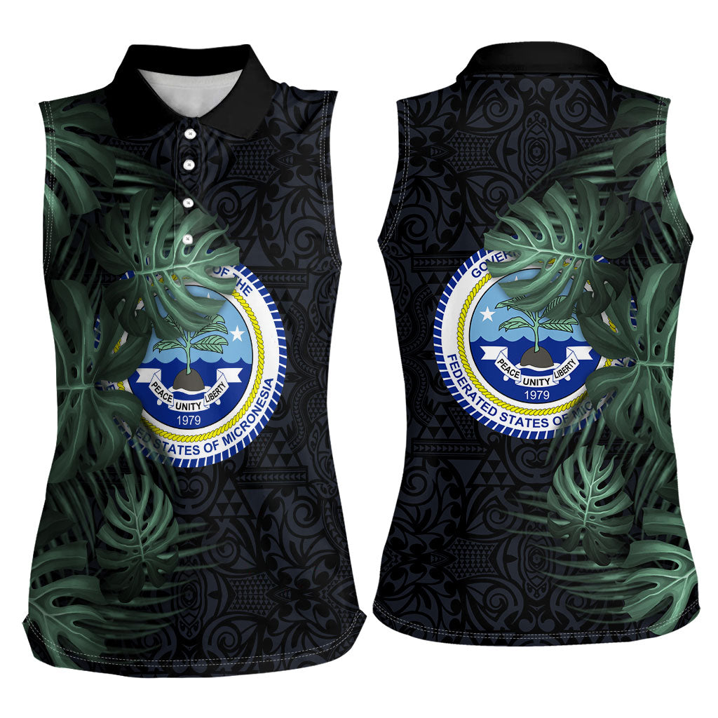 Federated States Of Micronesia Women Sleeveless Polo Shirt FSM Tropical Monstera Leaf Dark Tribal Pattern TS04 - Polynesian Pride