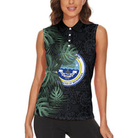 Federated States Of Micronesia Women Sleeveless Polo Shirt FSM Tropical Monstera Leaf Dark Tribal Pattern TS04 - Polynesian Pride