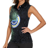 Federated States Of Micronesia Women Sleeveless Polo Shirt FSM Tropical Monstera Leaf Dark Tribal Pattern TS04 - Polynesian Pride